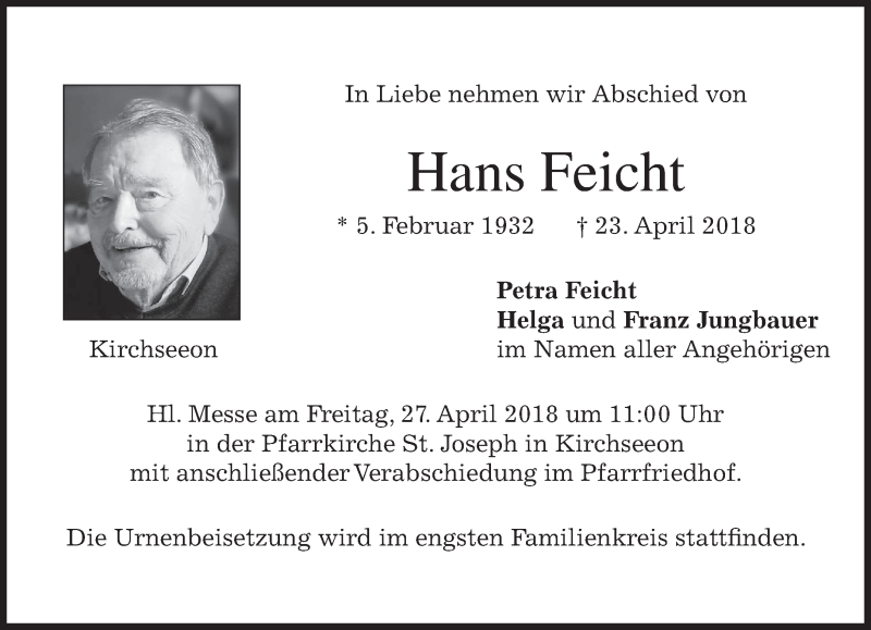  Traueranzeige für Hans Feicht vom 25.04.2018 aus merkurtz