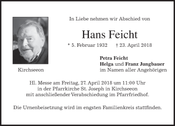Traueranzeige von Hans Feicht von merkurtz