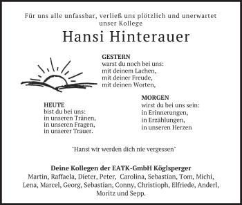 Traueranzeige von Hansi Hinterauer von merkurtz