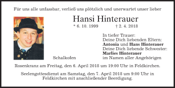 Traueranzeige von Hansi Hinterauer von merkurtz