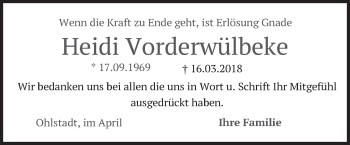 Traueranzeige von Heidi Vorderwülbeke von merkurtz