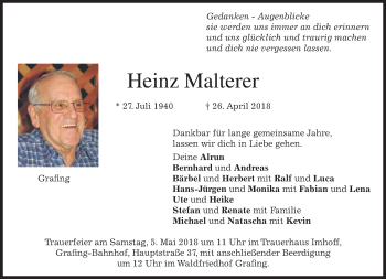Traueranzeige von Heinz Malterer von merkurtz