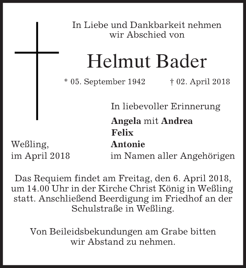  Traueranzeige für Helmut Bader vom 05.04.2018 aus merkurtz