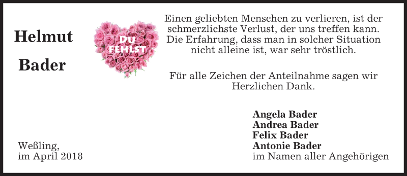  Traueranzeige für Helmut Bader vom 14.04.2018 aus merkurtz