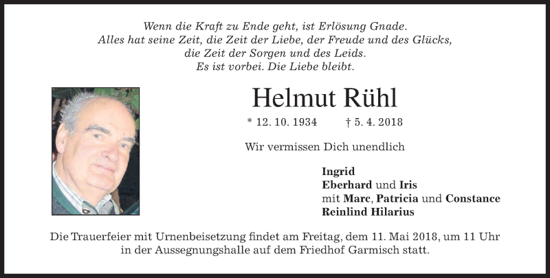  Traueranzeige für Helmut Rühl vom 28.04.2018 aus merkurtz