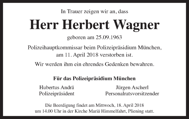  Traueranzeige für Herbert Wagner vom 17.04.2018 aus merkurtz
