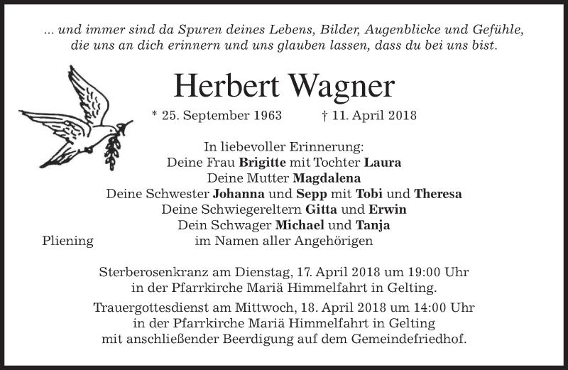  Traueranzeige für Herbert Wagner vom 14.04.2018 aus merkurtz