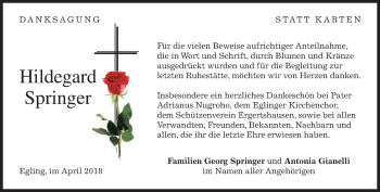 Traueranzeige von Hildegard Springer von merkurtz