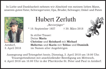 Traueranzeige von Hubert Zerluth von merkurtz