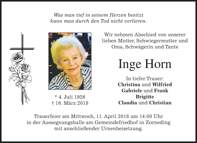  Traueranzeige für Inge Horn vom 07.04.2018 aus merkurtz