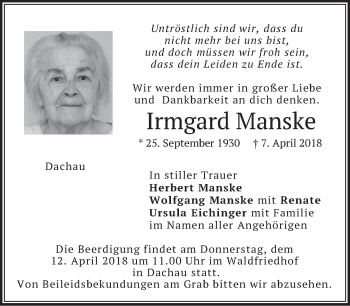 Traueranzeige von Irmgard Manske