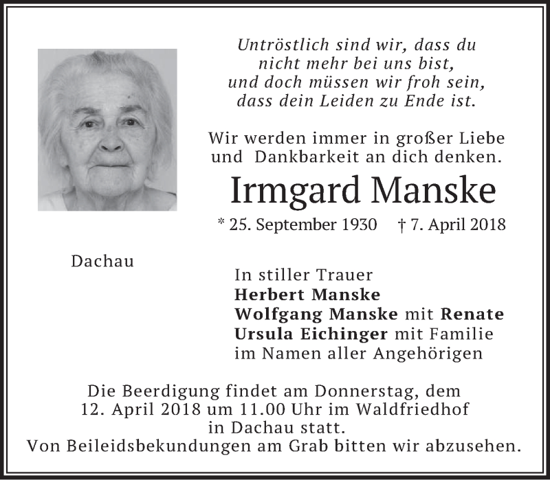  Traueranzeige für Irmgard Manske vom 10.04.2018 aus merkurtz