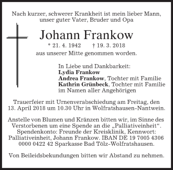 Traueranzeige von Johann Frankow von merkurtz