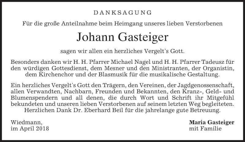  Traueranzeige für Johann Gasteiger vom 21.04.2018 aus merkurtz
