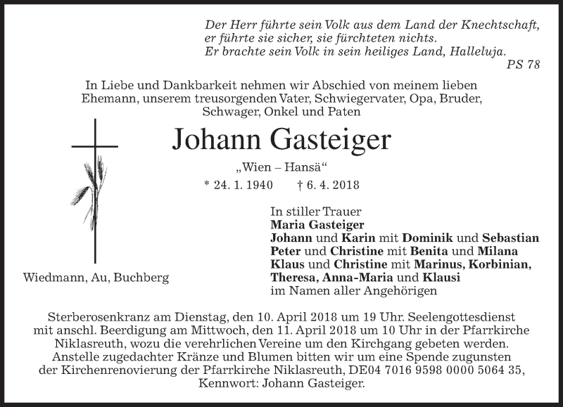  Traueranzeige für Johann Gasteiger vom 09.04.2018 aus merkurtz