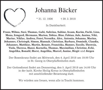 Traueranzeige von Johanna Bäcker von merkurtz