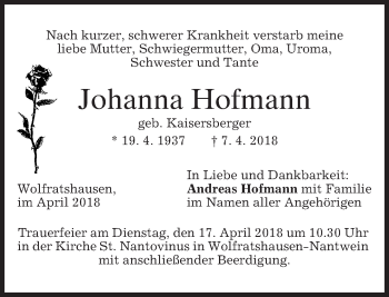 Traueranzeige von Johanna Hofmann von merkurtz