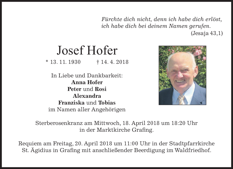  Traueranzeige für Josef Hofer vom 17.04.2018 aus merkurtz