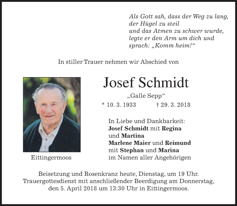 Traueranzeigen von Josef Schmidt | trauer.merkur.de