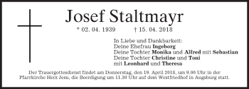 Traueranzeige von Josef Staltmayr von merkurtz