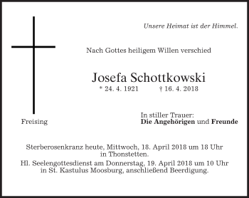 Traueranzeige von Josefa Schottkowski von merkurtz
