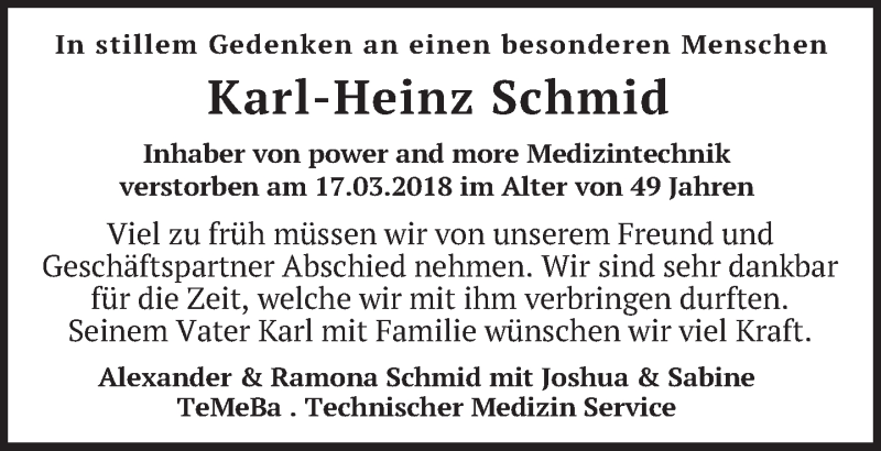  Traueranzeige für Karl-Heinz Schmid vom 11.04.2018 aus merkurtz