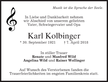 Traueranzeige von Karl Kolbinger von merkurtz