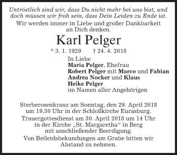 Traueranzeige von Karl Pelger von merkurtz
