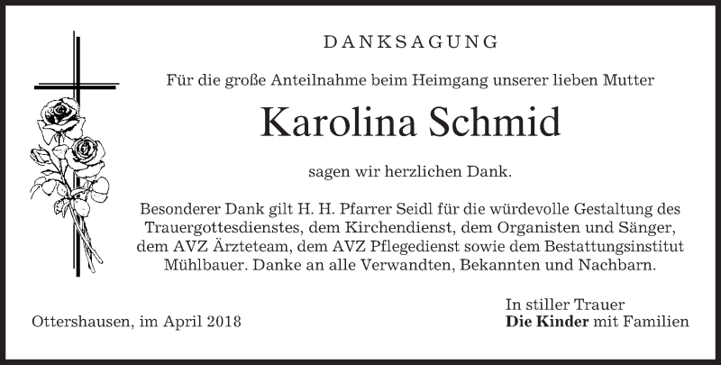  Traueranzeige für Karolina Schmid vom 14.04.2018 aus merkurtz