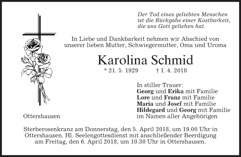  Traueranzeige für Karolina Schmid vom 04.04.2018 aus merkurtz