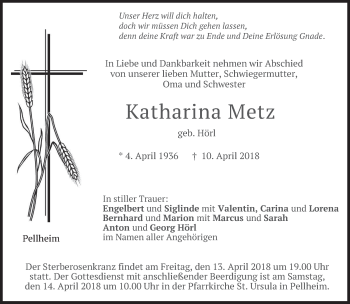 Traueranzeige von Katharina Metz von merkurtz
