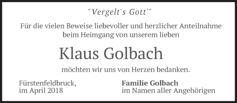  Traueranzeige für Klaus Golbach vom 16.04.2018 aus merkurtz