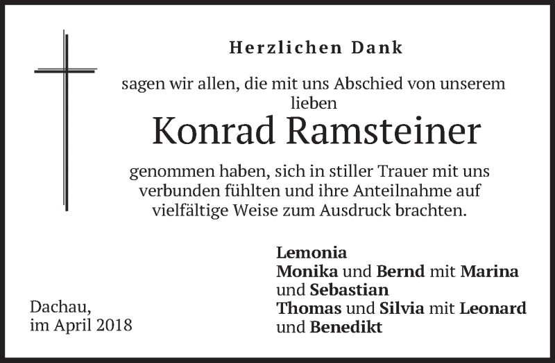  Traueranzeige für Konrad Ramsteiner vom 14.04.2018 aus merkurtz