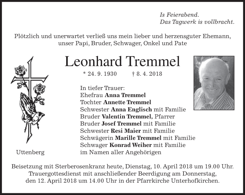 Traueranzeigen von Leonhard Tremmel | trauer.merkur.de