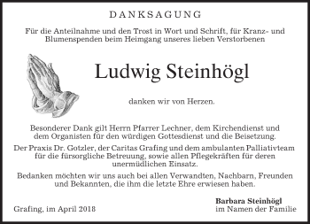 Traueranzeige von Ludwig Steinhögl von merkurtz
