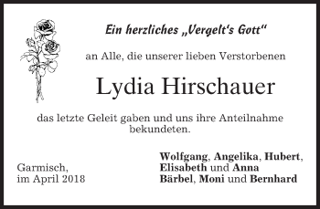 Traueranzeige von Lydia Hirschauer von merkurtz