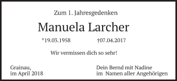 Traueranzeige von Manuela Larcher von merkurtz
