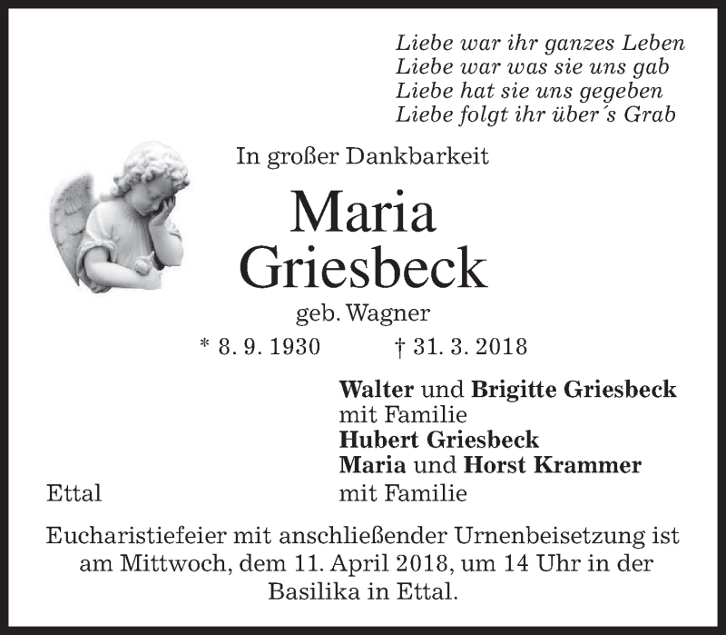  Traueranzeige für Maria Griesbeck vom 07.04.2018 aus merkurtz
