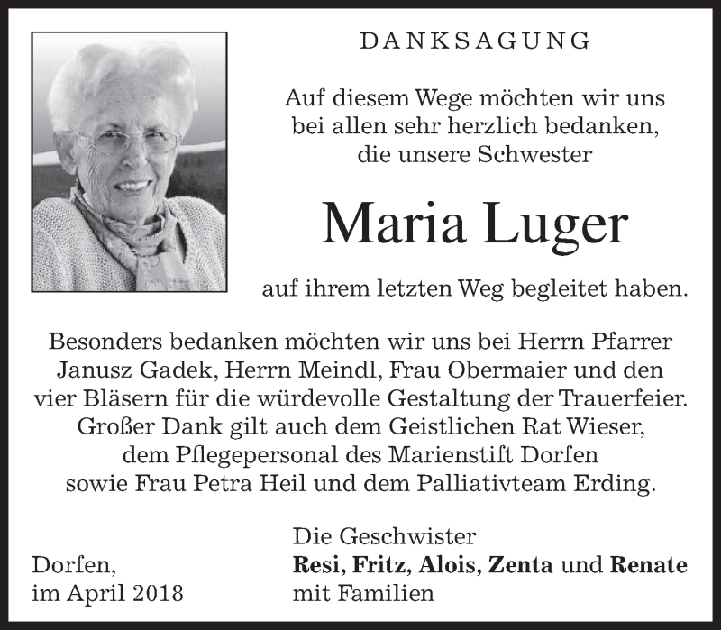  Traueranzeige für Maria Luger vom 21.04.2018 aus merkurtz