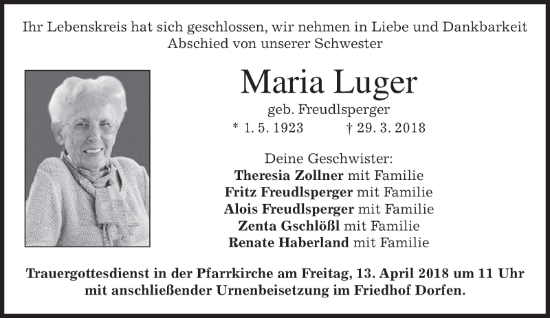  Traueranzeige für Maria Luger vom 12.04.2018 aus merkurtz