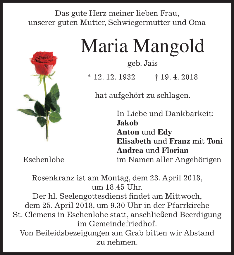  Traueranzeige für Maria Mangold vom 21.04.2018 aus merkurtz