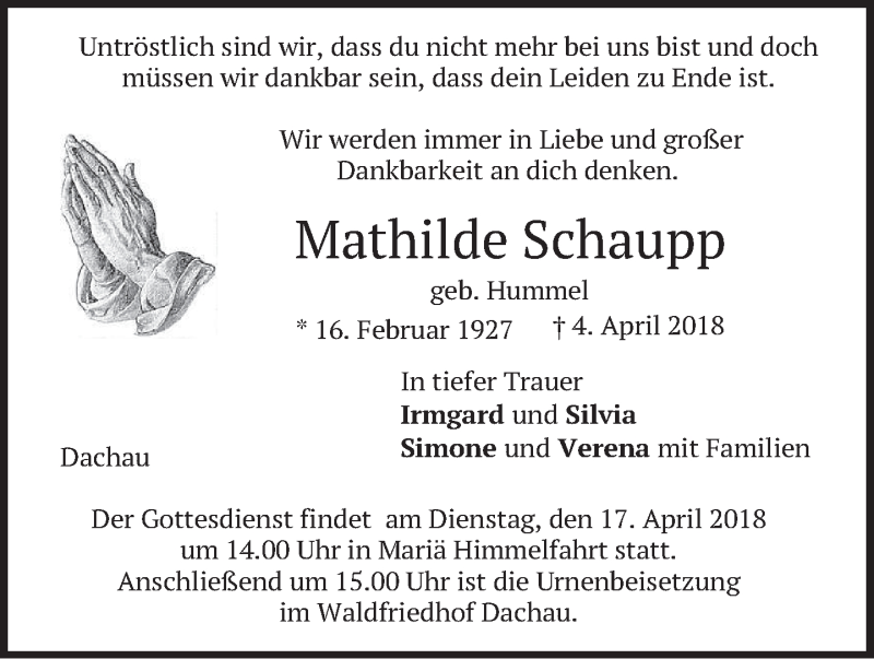  Traueranzeige für Mathilde Schaupp vom 14.04.2018 aus merkurtz