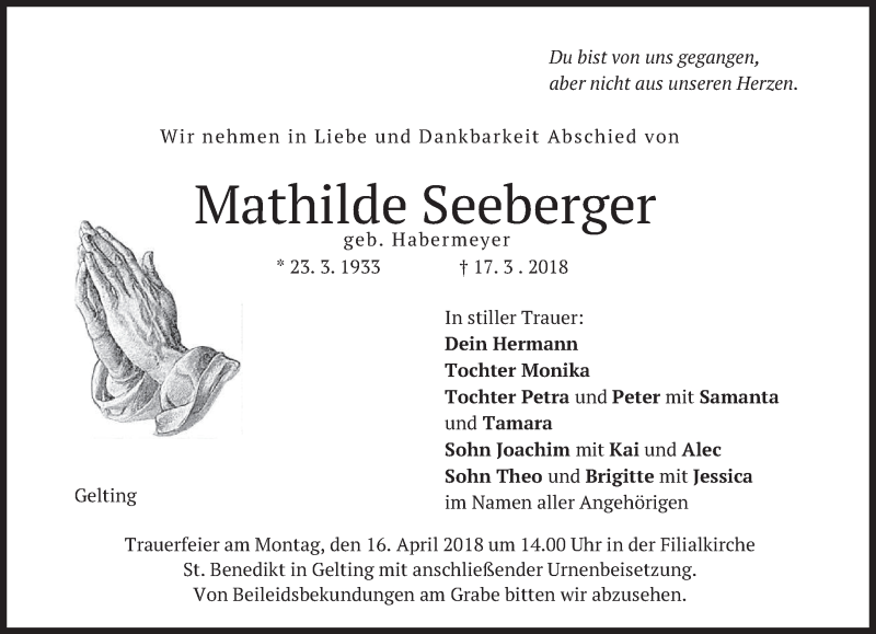  Traueranzeige für Mathilde Seeberg vom 11.04.2018 aus merkurtz