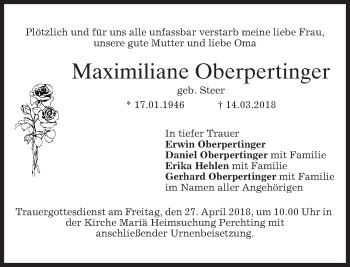 Traueranzeige von Maximiliane Oberpertinger