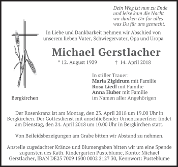 Traueranzeige von Michael Gerstlacher von merkurtz