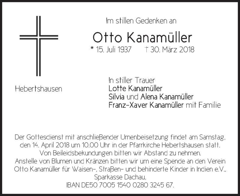  Traueranzeige für Otto Kanamüller vom 10.04.2018 aus merkurtz