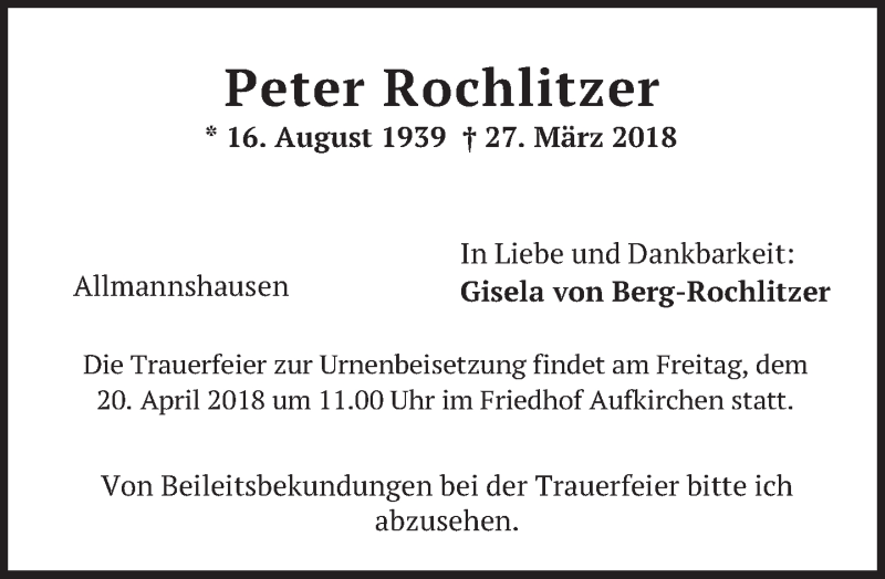  Traueranzeige für Peter Rochlitzer vom 14.04.2018 aus merkurtz