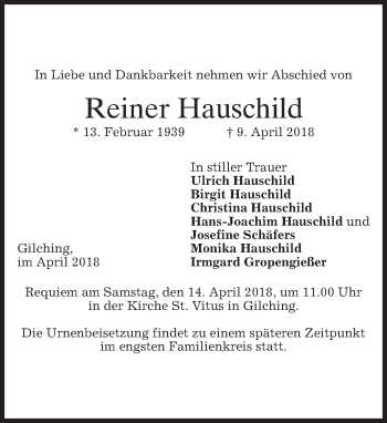 Traueranzeige von Reiner Hauschild von merkurtz