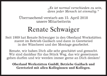 Traueranzeige von Renate Schwaiger von merkurtz