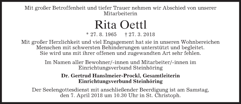  Traueranzeige für Rita Oettl vom 04.04.2018 aus merkurtz